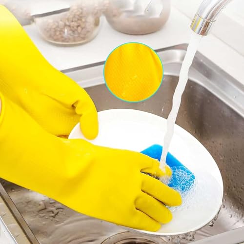 3 Pairs Rubber Dishwashing Gloves, Waterproof Non-Slip Reusable Household Dish Gloves for Kitchen Bathroom Home