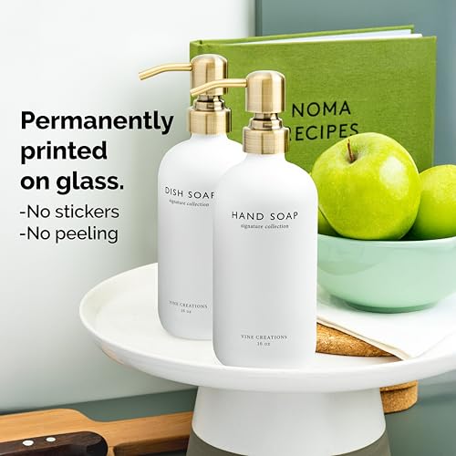 Vine Creations White Glass Soap Dispenser Set, Dish Soap and Hand Soap Dispenser Set with Stainless Steel Pump, 16 oz Glass Dispensers for Kitchen or Bathroom Decor (Matte White Bottle/Brushed Brass) - color: White Bottle / Brushed Brass Pump
