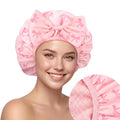 Janmercy Pink Bow Shower Cap for Women Terry Lined Shower Cap Reusable Waterproof Double Layer Bath Bonnet Adjustable Non Slip Quick Dry for Braids Long Straight Curly Hair Women Gifts - color: 3D Bow, style: Pink Bow