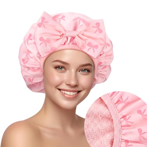 Janmercy Pink Bow Shower Cap for Women Terry Lined Shower Cap Reusable Waterproof Double Layer Bath Bonnet Adjustable Non Slip Quick Dry for Braids Long Straight Curly Hair Women Gifts - color: 3D Bow, style: Pink Bow