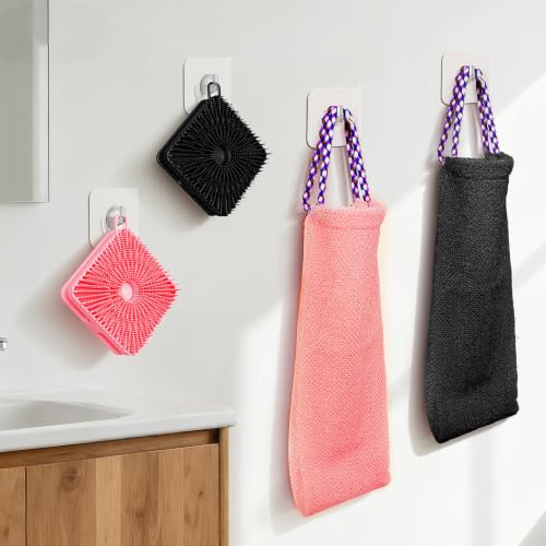 Manmihealth Dual-Sided Silicone Body Scrubber Scalp Massager & African Bath Sponge Net Set, 2-in-1 Silicone Shower Shampoo Brush Africa Wash Net Combination, Lather Well,Strong Exfoliating(Black+Pink) - color: Shower Brush+net Sponge Set (Black+pink)