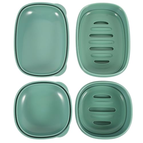 NUOBESTY Portable Waterproof Soap Dish with Lid 2pcs Set (Green Square Green Rectangle) Household Soap Case for Travel and Bathroom with Drainage for Home Use