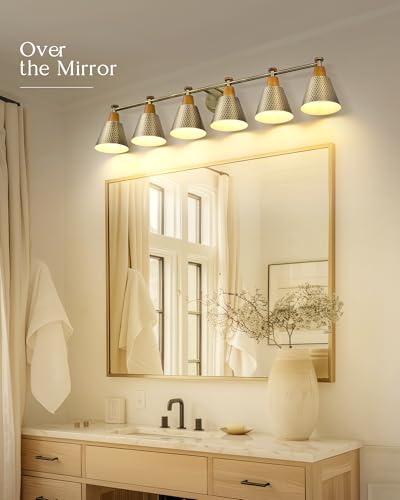 FEMILA Gold Light Fixture Bathroom, 6 Light Brushed Gold Vanity Light, 45.3" Bathroom Lighting Fixture Over Mirror, 4FG59B-6W BG - color: Gold, size: 45"