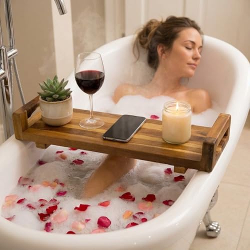 EcoDecors, 29 inch, with LiftAid Handles, Bath Tray for Tub, Bath Tub Tray Wood, Bathtub Table, Caddy for Bathtub in Natural Teak - style: 29"- LiftAid Handles