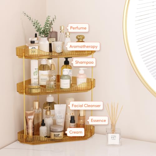 Lifewit 3-Tier Corner Bathroom Counter Organizer, Plastic Makeup Skincare Organizers Storage Countertop, Large Sink Cosmetic Perfume Shelf for Bedroom, Dresser, Kitchen, Vanity, Gold, 25 cm/10inch(H) - color: Gold, size: 3 Tier