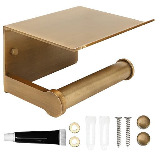Toilet Paper Holders with Shelf Antique Bronze, Bathroom Wall Mount Tissue Dispenser with Cell Phone Storage Soap Organizer Vintage Farmhouse for Paper Roll with Max Length 4.8INCH (Brass Color)