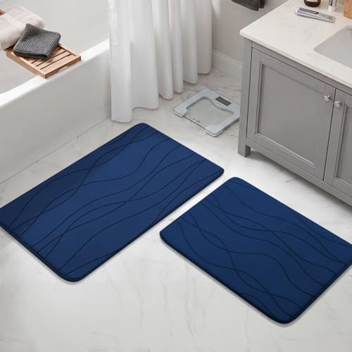 YIHOUSE Bathroom Rugs Set 2 Piece, Memory Foam Bath Mat Navy Blue | 17x24& 20x32, Ultra Soft, Absorbent, Non-Slip, Machine Washable, for Bathroom, Sink and Toilet - color: Dark Blue, size: 2'8" x 1'8" (Rectangular)