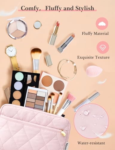 Noozion Makeup Bag Travel Toiletry Bag, Puffy Padded Cosmetic Bag for Women, Makeup Organizer Case, Wide-open Pouch Purse, Travel Essentials - color: Pink