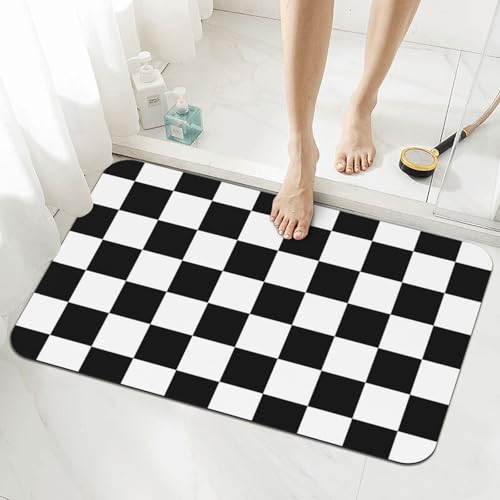 Black and White Checkered Print Bath Mat Rugs 15.7x23.6 in, Checkerboard Diatomaceous Earth Bathroom Rug Rubber Non-Slip Bathroom Mat for Bathroom Kitchen Floor, Tub and Shower Sink - color: Checkered #02