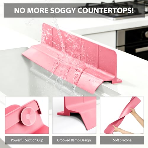 23Inch Sink Splash Guard – Extended Length & Tall Silicone Kitchen Sink Splash Guard with Overhang Drainage Design & Strong Suction Cups for Countertop (Rose Pink, 23''x3.5'') - color: Rose Pink, size: 23''x3.5''