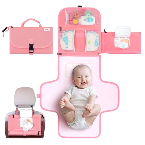 Kopi Baby Portable Diaper Changing Pad - Baby Diaper Changer Travel Bag with Wipes Pocket, Smart Design Portable Changing Mat, Infant Travel Station Kit, Gift for Newborn Girl & Boy - Pink, Premium - color: Pink, size: Premium