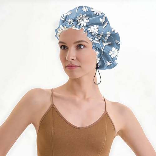 Luxury Shower Cap Satin Lined Reusable Waterproof Double Layer Elastic Adjustable Hair Bath Cap Cute Aesthetic Women Girls-Bule - color: F16-Bule