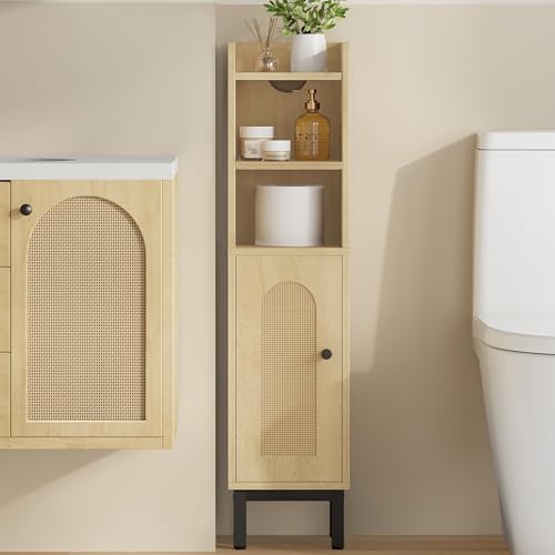 Hzuaneri Bathroom Storage Cabinet, Small Corner Floor Cabinet with Door and Shelves, Narrow Toilet Paper Holder, Bathroom Organizer with Adjustable Shelf, for Small Spaces, Rattan Yellow BC08202Y - color: Rattan Yellow, size: 7.9"D x 7.9"W x 32.7"H