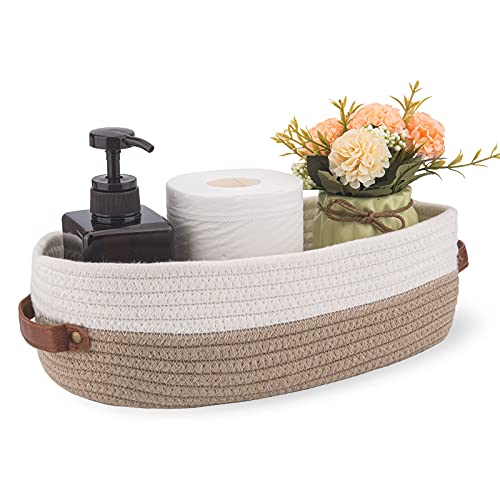 Cotton Rope Bathroom Decor Basket,Toilet Paper Holder Basket,Farmhouse Home Decor Organizing Baskets 13"x5.9"x4" Brown Stitching White - color: Brown Stitching White