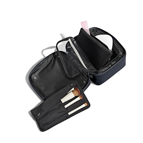 Away The Cosmetics Bag - Water-Repellent Cosmetic Travel Bag with Detachable Brush Organizer, Spill-Proof Bottom Compartment, Transparent Pockets - Navy Blue - color: Navy Blue