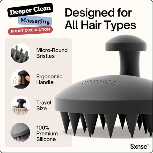 SXNSE - Revive Silicone Scalp Massager, Jet - Manual Hair & Scalp Scrubber for Dandruff, Buildup, Itch, & Hair Growth - Soft Exfoliating Silicone Bristles for Wet & Dry Hair, Flake-Free Finish - color: Jet