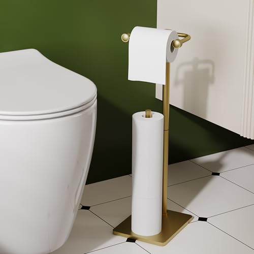 RUACQ Toilet Paper Holder Stand, Bathroom Toilet Paper roll Holder Free Standing with Storage for 4 Rolls, Post Pivoting Design, Stable Weighted Base, SUS304 Stainless Steel (Brushed Gold) - color: Brushed Gold, size: Free Standing with Storage