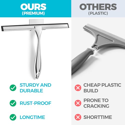 ALFLOD 2pcs Shower Squeegee for Glass Doors with Adhesive Hanging Hook Set | 12” silver, bathroom accessories, window cleaner, new home essentials, soft rubber blade, metal handle, ergonomic grip - color: Silver, size: 12 Inch