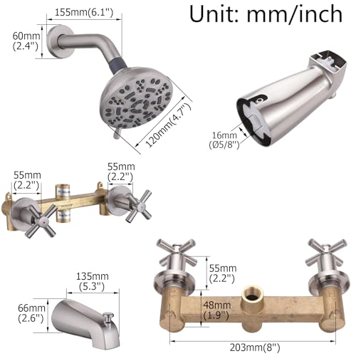 2 Handles Shower Faucet Set with Tub Spout Bathtub Shower Faucet Combo Set Shower System Complete Tub and Shower Trim Kit Wall Mounted Shower Fixtures Brushed Nickel - color: Brushed Nickel, style: 2 Handles