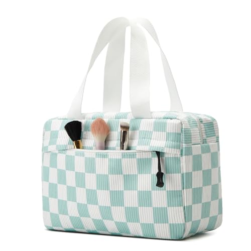 Large Makeup Bag for Women Corduroy Cosmetic bag Make up Bags Zipper Pouch with handle Cosmetic Organizer Toiletry Bag for Travel Storage - color: 23-Checkered Mint Green White