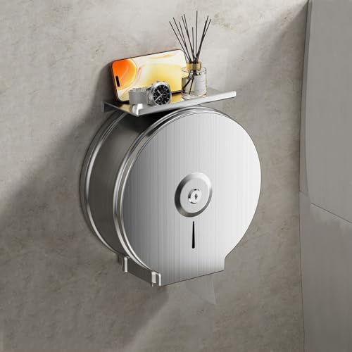 Commercial Jumbo Toilet Paper Dispenser with Shelf, Brushed Stainless Steel Toilet Paper Holder Wall Mount, 9 Inch Bathroom Tissue Roll Dispenser with Lock Key - color: Brushed Silver With Shelf
