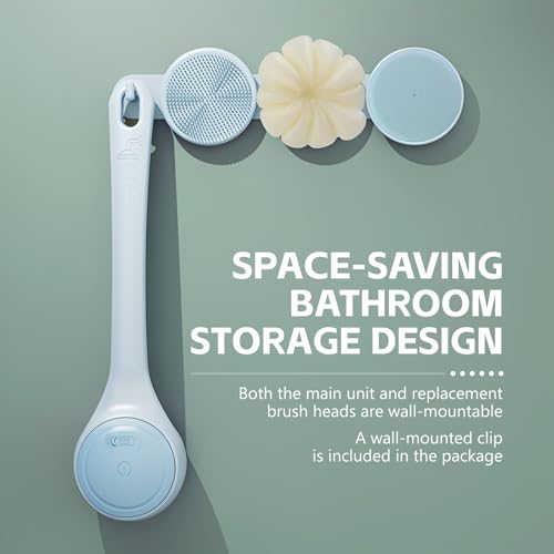 Electric Body Brush Back Scrubber for Shower, Waterproof Long Dual Handle Power Body Scrubber with 4 Heads, Bath Brush & 2 Speeds, for Deep Cleansing, Exfoliating and Massaging Skin (Blue) - color: Blue