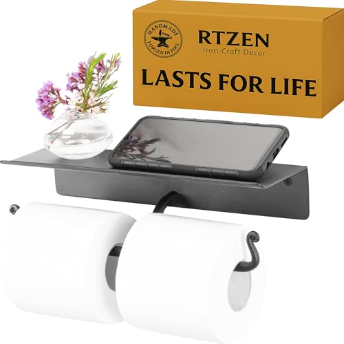 RTZEN Bathroom Toilet Paper Holder with Shelf - Handcrafted Rustic Wrought Iron Wall Decor Toilet Roll Holder - Black Matte Wall Mount Bar for Modern Farmhouse Bathroom Decor - style: Shelf High End