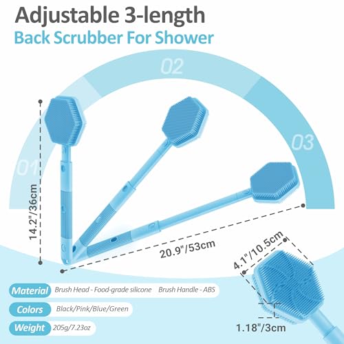 Silicone Back Scrubber for Shower, 16''-21''Extendable Shower Back Scrubber with Dual-Side Large Brush Head, 3-Length Back Brush Bath Brush with Strong Handle & Rich Foaming Bristles(Blue) - color: Blue