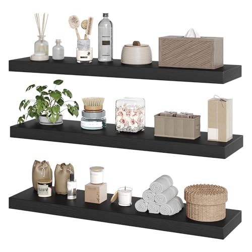 RALGEND Floating Shelves for Wall, 1.5" Thick Wall Shelf Set of 3 with Invisible Brackets, L31.5 x W7.9 Hanging Book Shelves Farmhouse Home Decor for Bathroom, Living Room, Bedroom, Black 8301BJP3BK - color: Black, size: 31.5 Inches