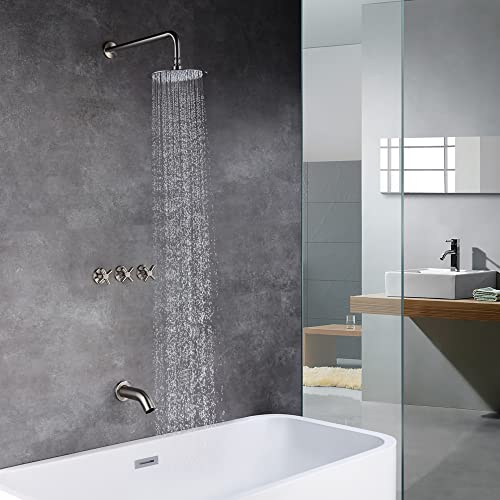 SUMERAIN 3 Handle Tub and Shower Faucet Set Brushed Nickel | with Brass Rough in Valve, High Flow, Waterfall Tub Spout, 8" Stainless Steel Rain Shower Head - color: Brushed Nickel
