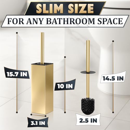 Stainless Steel Toilet Brush and Holder Set Gold & Square Design - Corrosion and Scratch-Resistant Gold Toilet Brush and Holder Set with Splash Protection - for Deep & Effective Bathroom Cleaning - color: Gold Square