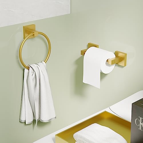 Ruacq Brushed Gold Toilet Paper Holder Towel Ring Bathroom Accessories Hardware Set Double Post Pivoting Toilet Roll Holder Square Stainless Steel and Zinc Alloy Modern Wall Mounted 2 Pieces - color: Brushed Gold, size: 2pcs