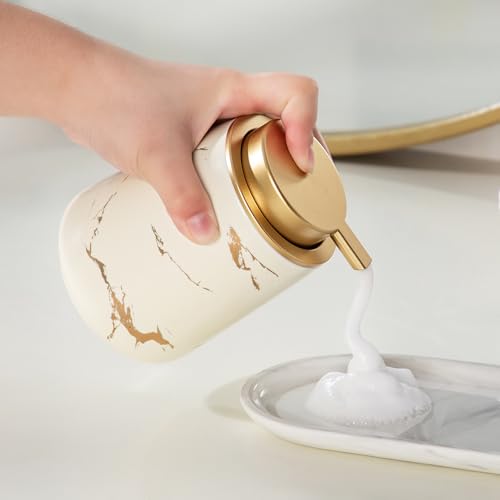 Enra Ceramic Foaming Soap Dispenser -12oz Modern Foam Gold Hand Soap Dispenser Bathroom, Refillable Dish Wash Soap Bottle for Kitchen with Large Pump(Gold Foam Type-Beige) - color: Gold Foam Type-beige