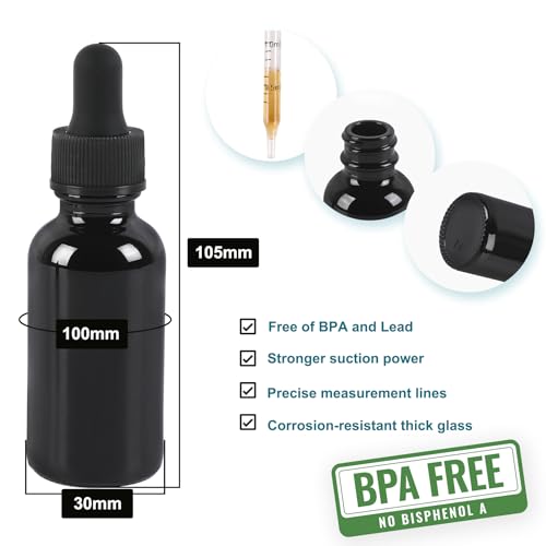 NOOEEISS 48 Pack,1oz Glass Dropper Bottle,Blakc Tincture Bottles with Dropper,Pretty Finish for All Kinds of Liquids,Oil Bottles for Hair- Stronger Suction ideal for Leakproof Travel - color: Black, size: 1oz-48Pack
