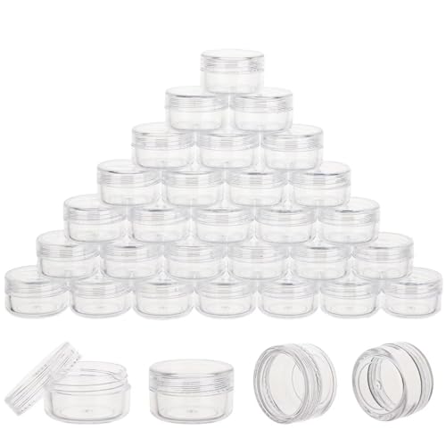 100 Count 5 Gram Sample Containers, Clear Lip Balm Containers with Lids, Small Plastic Sample Jars with 8 Mini Spoons, 100pcs Labels (Clear Lid) - color: Clear, size: 100 Count