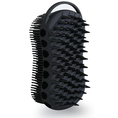 MtBoi Double-Sided Exfoliating Silicone Body Scrubber, 2-in-1 Bath Scrubber, Shampoo Brush, Silicone Loofah for All Skin Types, Shower Body Scrubber, Easy to Clean, Lather Well (Black) - color: Black