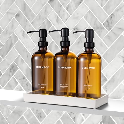 Amber Glass Shampoo and Conditioner Dispenser Set – Refillable 16 oz Pump Bottles with Concrete Tray – Luxury Bathroom Organization & Modern Shower Soap Dispensers - color: Amber Glass