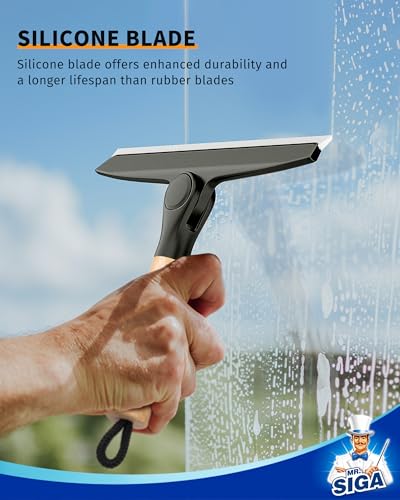 MR.SIGA All Purpose Silicone Squeegee for Shower Door, Mirror, Glass, Streak Free Shower Squeegee, Pivoting Bamboo Handle, Includes 1 Suction Hook, 10 inch Wide, Black, 1 Pack - color: Black