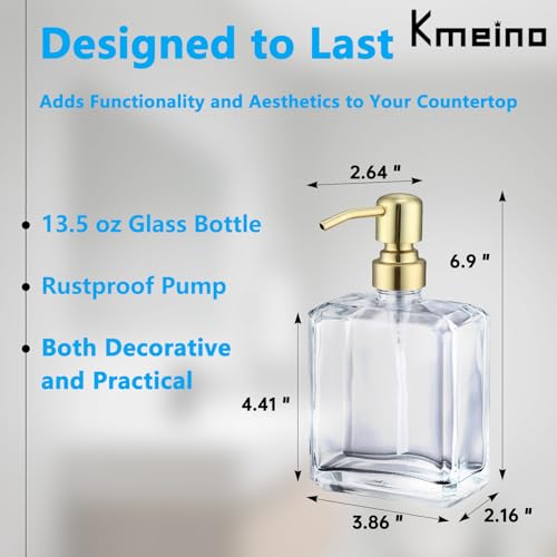 Square Clear Glass Dish Soap Dispenser Set 2 Pack, Brushed Gold Refillable Hand Soap Dispenser with Rust Proof Stainless Steel Pump 2 x 13.5 oz Lotion Dispenser for Bathroom Vanity Kitchen - color: Gold, size: 2X13.5oz-Square