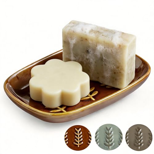 Miamolo Soap Dish for Shower, Ceramic Soap Holder Soap Dishes for Large Bar Soap Sponge, Decorative Soap Saver Tray for Bathroom Kitchen Sink Bathtub, Pro-Environment, Extend Soap Life, Dark Brown - color: Dark Brown, size: Leaf Design