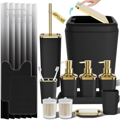 Bathroom Set - 26PC Bathroom Sets with Shower Curtain and Rugs, Bathroom Accessory Set, Black Bathroom Set, Elegant Bathroom Accessories Set, Shower Curtain Set, Trash Can & Soap Dispensers - color: Black & Gold, size: Bath Set+Shower Curtain+Bath Rugs