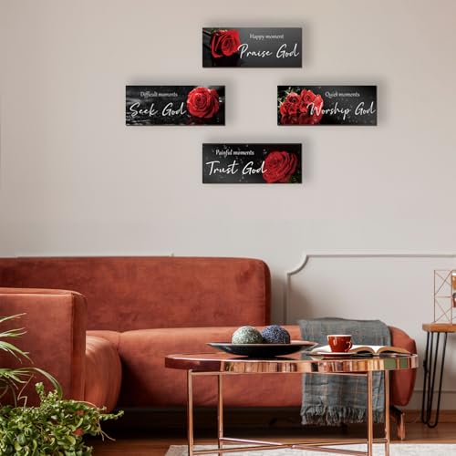 ONIZHITY 4 Pcs Red Bathroom Decor Religious Wall Art Bible Verse Inspirational Red Rose Wall Decor Rustic Flower Wooden Christian Sign for Home Bathroom Office Bedroom Living Room Kitchen(10x4) - color: Red Rose