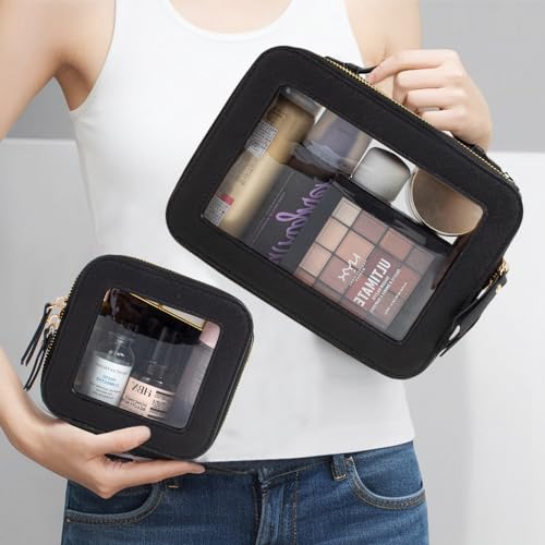 Travel Clear Makeup Bag Set, TSA Approved Cosmetic Bag Case with Zipper Portable Makeup Pouch Toiletry Bag Traveling Cosmetic Organizer Storage Bag Car Organizer Car Essentials - color: Mini + XL Luxe Black