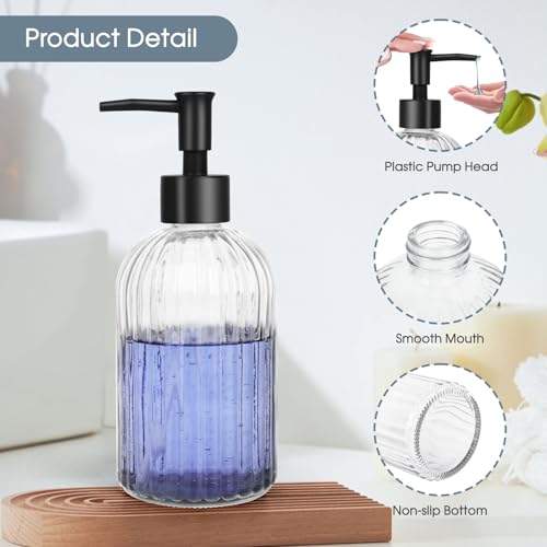 Topsky 2 Pack Glass Soap Dispenser with Plastic Pump, 400ml Liquid Hand Soap Dispenser, Rustproof Pump for Kitchen & Bathroom, Great for Lotions, Essential Oil, Liquid Soaps,Transparent - color: Stripe-clear, size: Plastic Pump