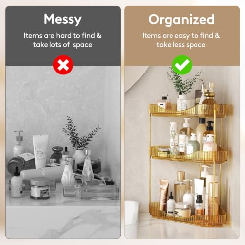 Lifewit 3-Tier Corner Bathroom Counter Organizer, Plastic Makeup Skincare Organizers Storage Countertop, Large Sink Cosmetic Perfume Shelf for Bedroom, Dresser, Kitchen, Vanity, Gold, 25 cm/10inch(H) - color: Gold, size: 3 Tier
