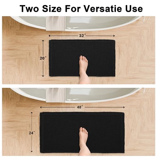 Hiasan Set of 2 Waffle Bath Mat, Super Absorbent Non Slip Bathroom Boho Rug with Tassels, Machine Washable Bath Mats for Bathroom, Ultra Soft Rubber Backed Rug, Black, 20" x 32" + 24" x 48" - color: Black, size: 20" x 32" + 24" x 48"