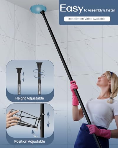 SEIRIONE Corner Shower Caddy Tension Pole, 4-Tier Rust-Free Shower Organizer Corner, Adjustable Shelf for Bathroom Storage, Easy-Install Standing Rack, 34 to 116Inch, Black