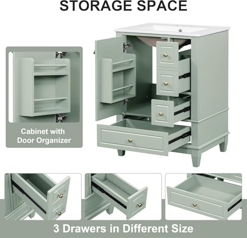 Linique 24" Bathroom Vanity with Sink Combo Set, Solid Wood Frame Bathroom Storage Cabinet with 3 Drawers, Soft Closing Door with Organizer, Light Green - color: Light Green, size: 24"/ Door with Organizer