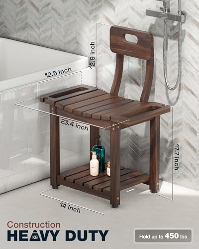 BLUEWEST 23.4'' Shower Chair with Backrest Bath Chair for Inside Shower or Tub, Heavy Duty 450 lbs Support, Non-Slip Feet, Shelf Storage, Built-in Handles for Elderly or Adults (Acacia) - color: Walnut