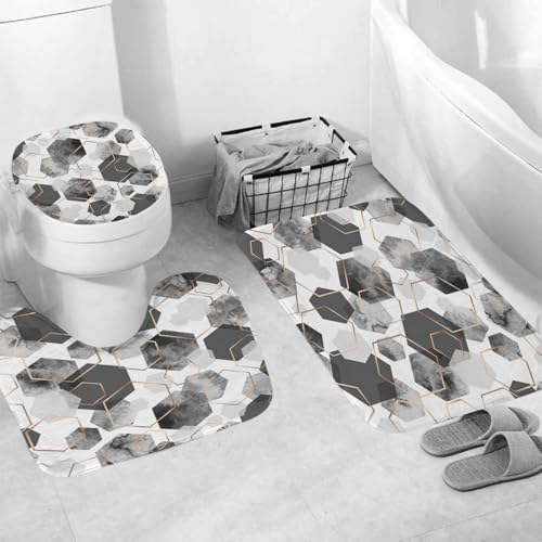 4Pcs Gray White Geometric Shower Curtain Set, Neutral Modern Art Deco Shower Curtain with Hooks, Elegant Trendy Simple Bathroom Sets with Shower Curtain and Rugs, 71 * 71in - color: Grey